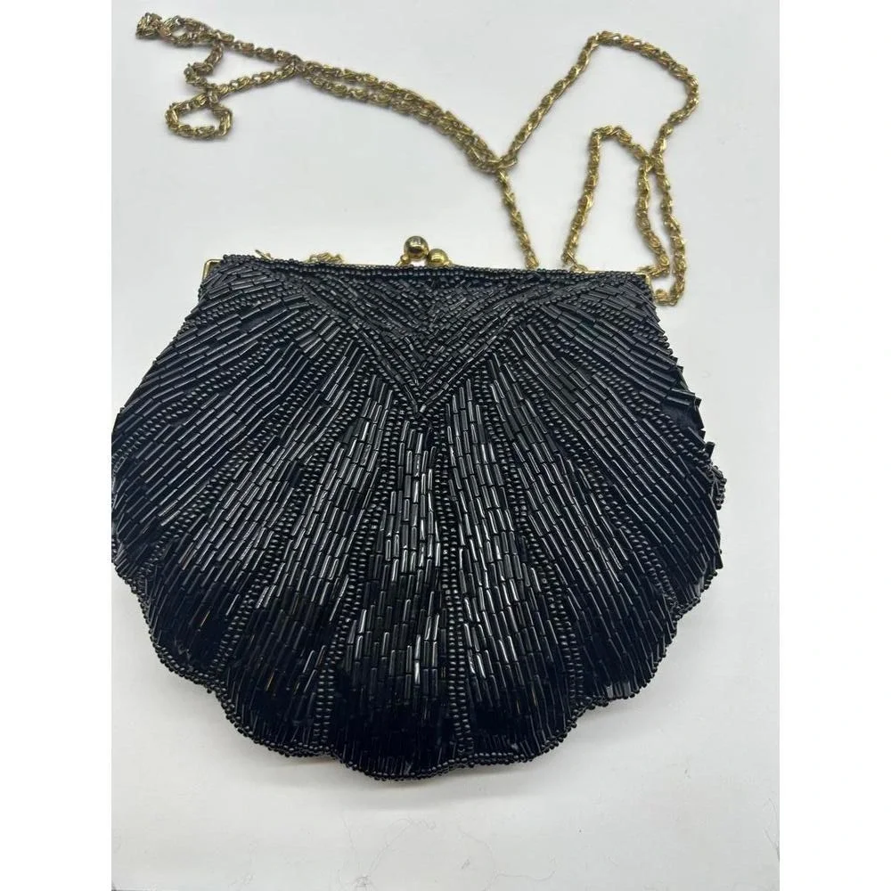 Regale Ltd Evening Bag Womens Small Black Beaded Shell Crossbody Vintage Style